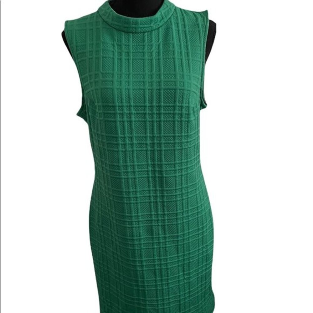 Sharagano Green Textured Quilted Grid Mock Neck Sleeveless Sheath Dress Size 12